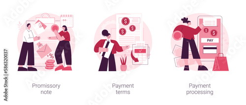 Bank operations abstract concept vector illustration set. Promissory note, payment terms and processing, loan agreement, business cash flow, credit card, automated transaction abstract metaphor.