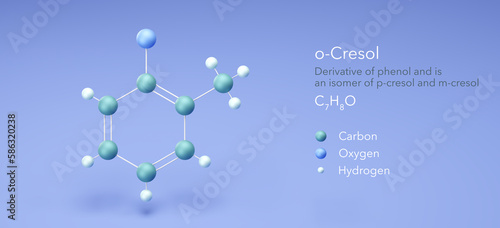 o-cresol molecule, molecular structures, Derivative of phenol, 3d model, Structural Chemical Formula and Atoms with Color Coding photo