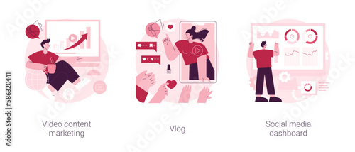 Online digital campaign abstract concept vector illustration set. Video content marketing, vlog popularity and monetization, social media dashboard, target audience, viral content abstract metaphor.