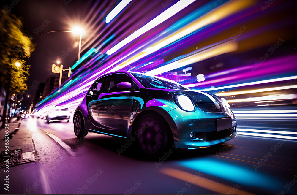 Electric city automobile in street at night, long exposure, generative ai.
