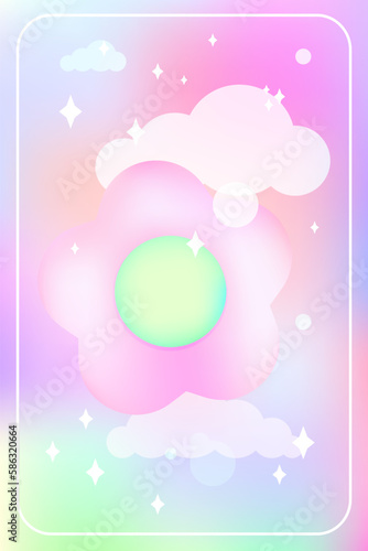 Y2k flower blurred gragient card. Holographic vector poster background with cloud and flower geometric shape in trendy 90s, 00s psychedelic style. Rainbow holo and pink colors. EPS