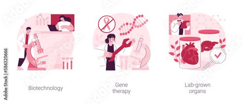 Bioengineering industry abstract concept vector illustration set. Biotechnology, gene therapy, lab-grown organs, stem cells, laboratory research, genetic cancer treatment abstract metaphor.