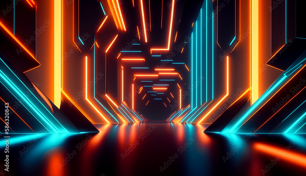 abstract futuristic neon background with glowing ascending lines. Fantastic wallpaper, element for banners, background, wallpaper, AI - obrazy, fototapety, plakaty 