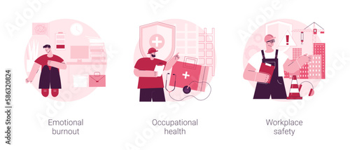 Employee health abstract concept vector illustration set. Emotional burnout, occupational health, workplace safety, overload, injury prevention, labor condition, working environment abstract metaphor.