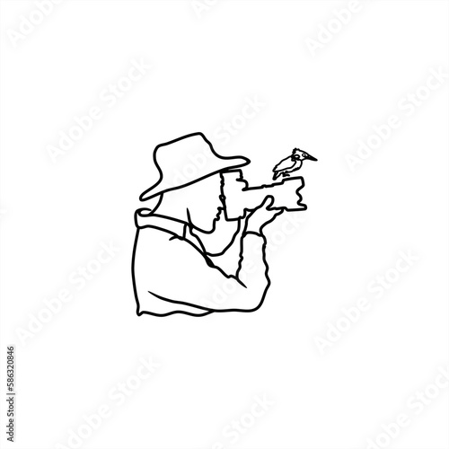 line art of a wildlife photographer with a bird perched on the edge of the lens