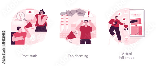 Media influence abstract concept vector illustration set. Post-truth, eco-shaming, virtual influencer, fake news, propaganda, internet abuse, ecological activist, social media abstract metaphor.