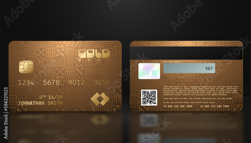 Vector realistic gold credit card with abstract folk geometric background. Golden credit card luxury design template. Bank presentation with hologram, qr-code and magnetic strip. Aztec pattern