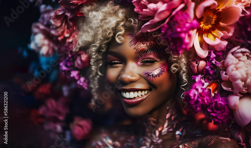  Extremely happy black lady with a beautiful smile, face painting, fabulous flowers -adorned hairstyle: Flower power disco theme. 