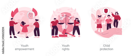 Young people rights protection abstract concept vector illustration set. Youth rights and empowerment, child protection, take action, improve life quality, involvement, voting age abstract metaphor.