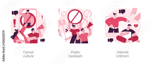 Social media behavior abstract concept vector illustration set. Cancel culture, public backlash, Internet criticism, group shaming, boycott, hate speech, bias and discrimination abstract metaphor.