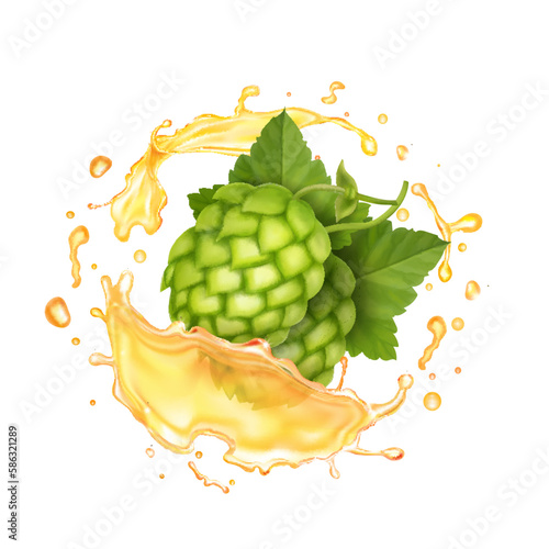 Beer yellow splash with green hop cone realistic . 3d hops ale splashing drink vector illustration