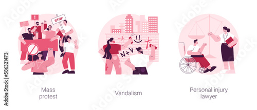 Riots outrage abstract concept vector illustration set. Mass protest, vandalism, personal injury lawyer, demonstration, political rights, racial equity, law enforcement, damage abstract metaphor.