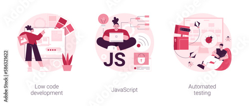 Web programming abstract concept vector illustration set. Low code development, JavaScript, automated testing, application software, JS development, usability analysis tool abstract metaphor.