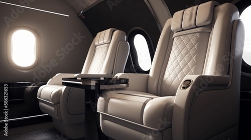 Luxurious first-class business seat, ideal for leisure or corporate airplane travel, offering the ultimate comfort and style in the sky. Designed by AI.