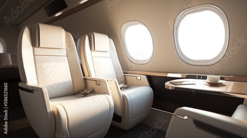 Luxurious first-class business seat, ideal for leisure or corporate airplane travel, offering the ultimate comfort and style in the sky. Designed by AI. © qntn