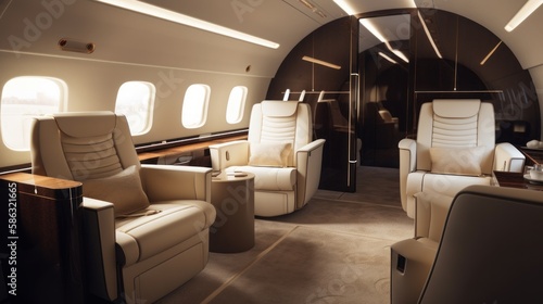 Luxurious first-class business seat, ideal for leisure or corporate airplane travel, offering the ultimate comfort and style in the sky. Designed by AI. © qntn