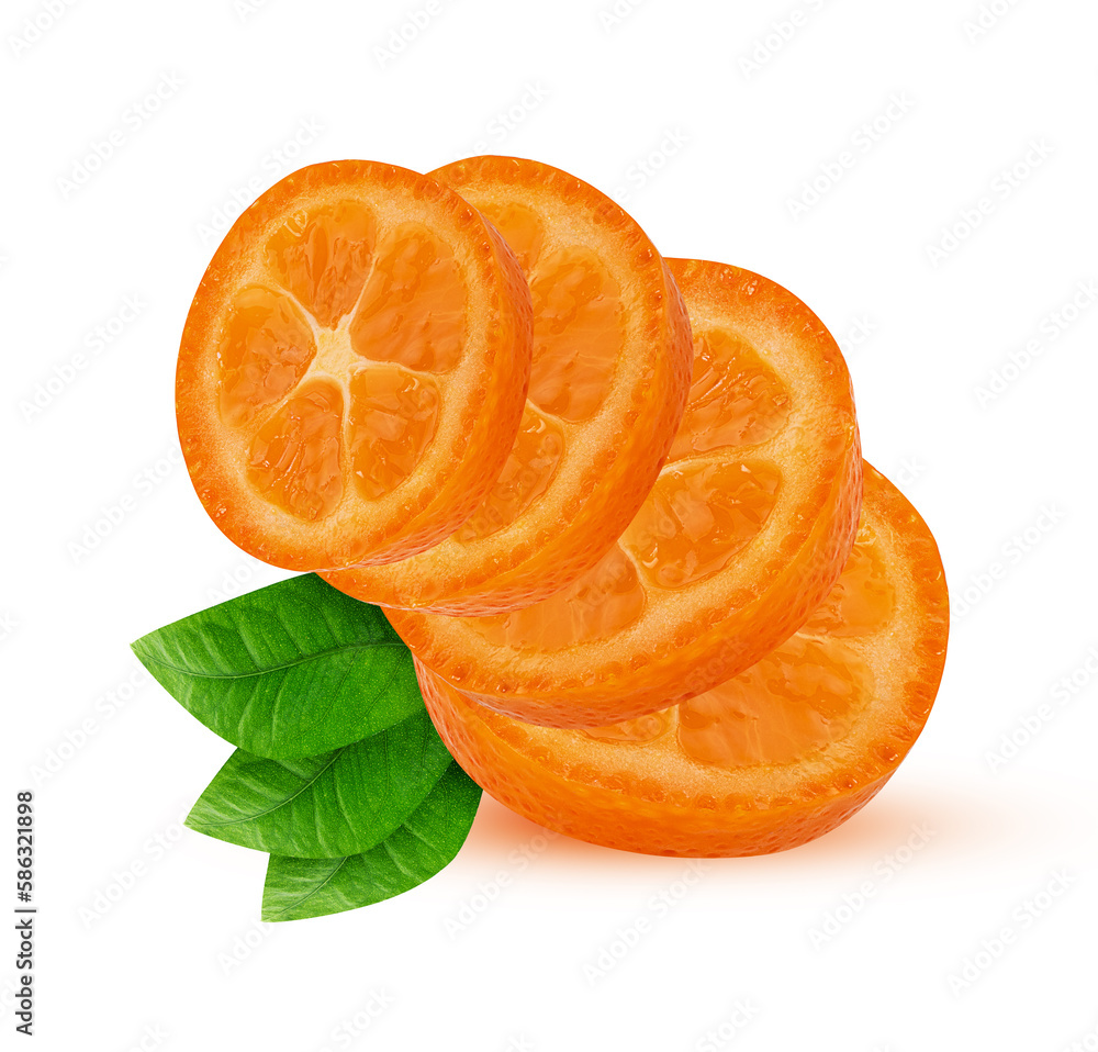 Kumquat fruit slice with green leaf Kumquat fruit slice with green leaf