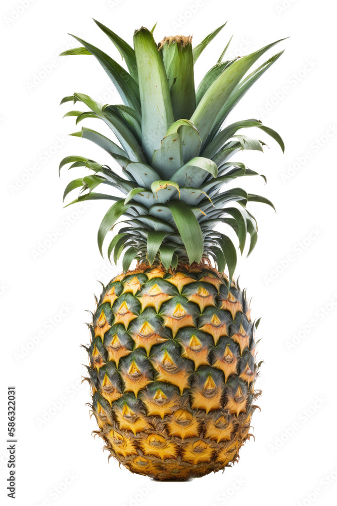 Fototapeta premium a vacation-themed photographic illustration featuring a single isolated fresh tropical pineapple fruit set on a transparent background in PNG. Generative AI
