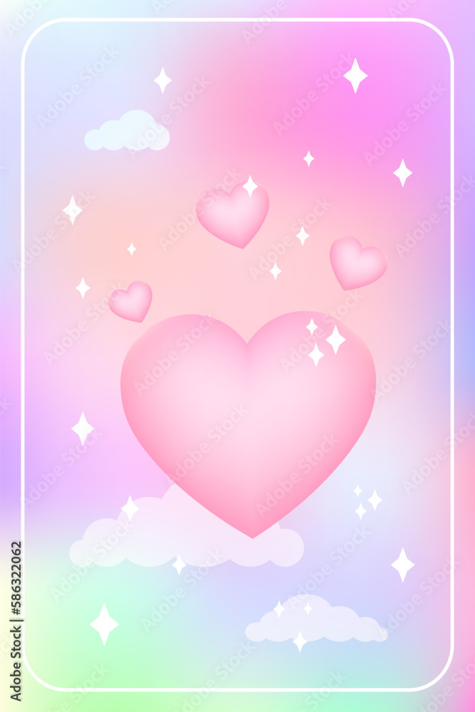 Y2k heart blurred gragient card. Happy Valentine s Day holographic vector poster background with cloud and hearts geometric shape in trendy 90s, 00s psychedelic style. Rainbow holo vibrant and pink