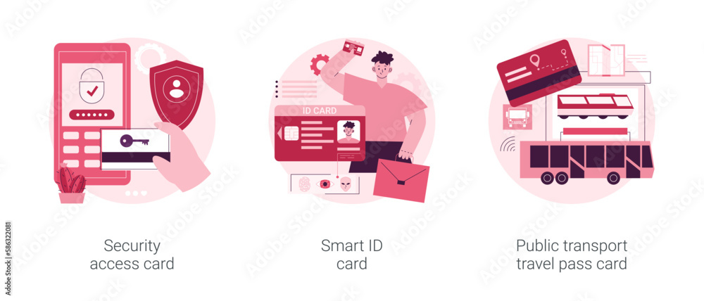 Chip card abstract concept vector illustration set. Security access card, smart ID, public transport travel pass, unlocking door, office entrance, trip ticket, identity verification abstract metaphor.