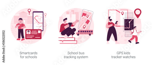 Technology for kids abstract concept vector illustration set. Smartcards for schools, school bus tracking system, GPS location kids tracker watches, student profile, child security abstract metaphor.