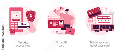 Chip card abstract concept vector illustration set. Security access card, smart ID, public transport travel pass, unlocking door, office entrance, trip ticket, identity verification abstract metaphor.