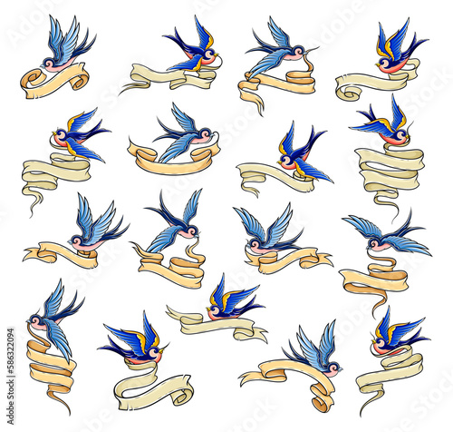 Old School Swallow with Banner or Ribbon Big Vector Set