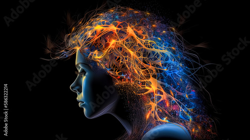 Enlightened neurons in the brain glowing in blue, orange, and yellow. generative art