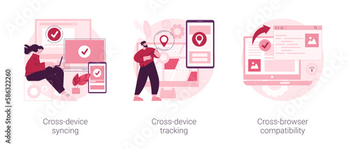 Multi-device compatibility abstract concept vector illustration set. Cross-device syncing and tracking, cross-browser compatibility, website mobile and desktop versions, UX design abstract metaphor.