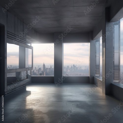 Conceptual interior design of a building with a city view, masterfully blending 3D digital illustration and matte painting for a striking visual. Created by AI.