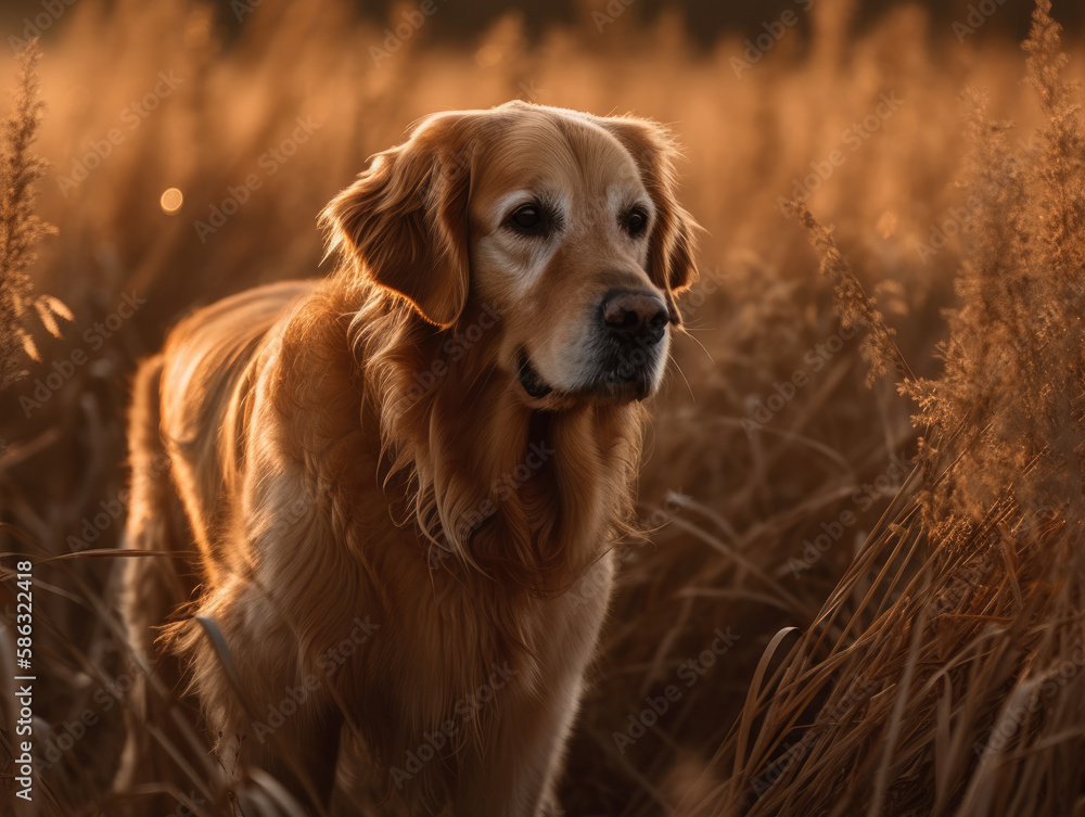Golden retriever running through a field, The dog running through a golden field of tall grass or wheat, with a blue sky and trees in the background. 