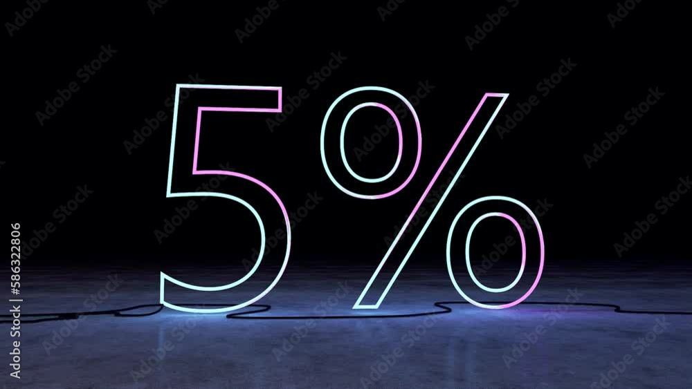 Venta de promoción de descuento hecha de números de neón. Número 5% en forma de líneas luminosas y brillantes. Plantilla para productos, publicidad, banners web.