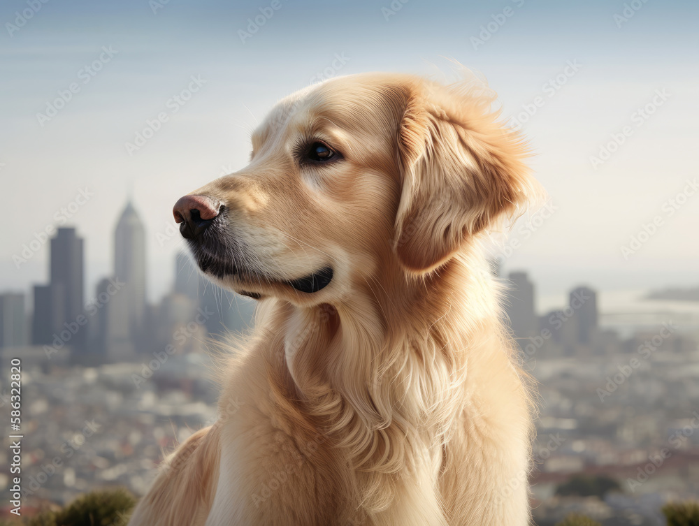 Golden retriever in front of a cityscape view