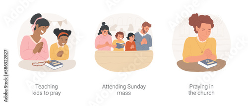 Christian rituals isolated cartoon vector illustration set. Religious mother teaching her daughter to pray, family attending Sunday mass, young woman praying in the church alone vector cartoon.