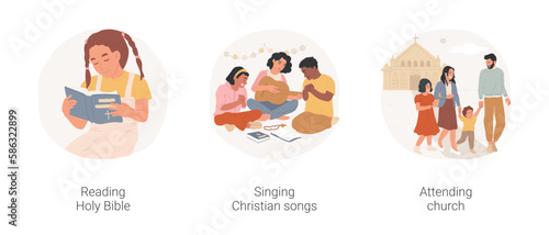 Christian education isolated cartoon vector illustration set. Christian girl reading Holy Bible alone, group of diverse teenagers singing religious songs, kids attending church vector cartoon.