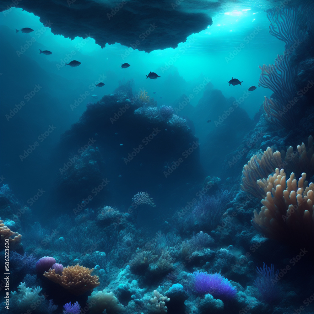Explore the mysterious deep sea with surreal images of underwater creatures, bioluminescence and detailed textures. Inspired by abyssal zones, ocean trenches and hydrothermal vents. Generative AI