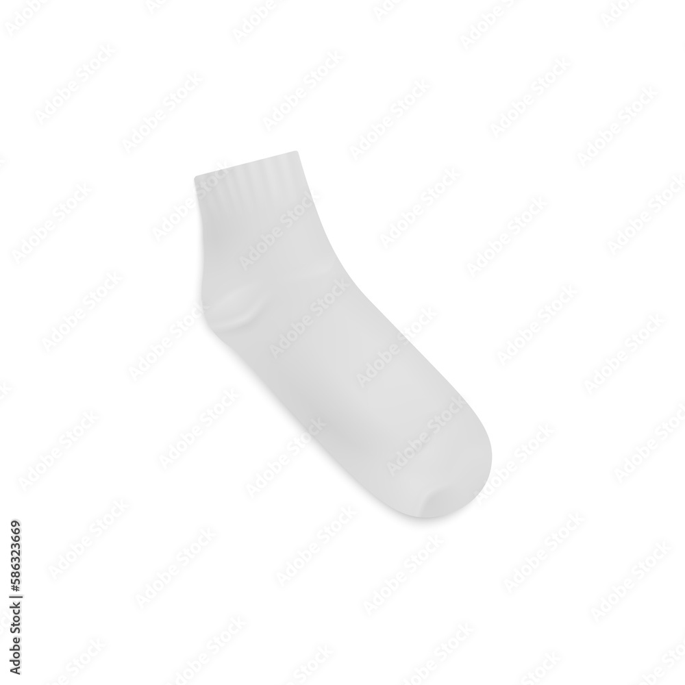White short sock template, 3d realistic illustration isolated on white.