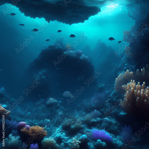 Explore the mysterious deep sea with surreal images of underwater creatures, bioluminescence and detailed textures. Inspired by abyssal zones, ocean trenches and hydrothermal vents. Generative AI