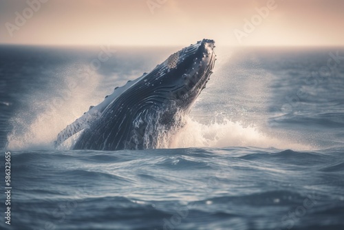  a humpback whale jumping out of the ocean water.  generative ai © Natalja