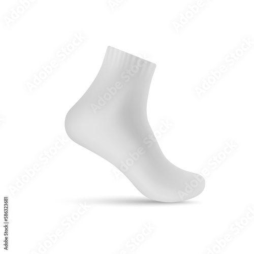 White ankle length sock realistic mockup. Ribbed sport sock 3d illustration, isolated on white background.