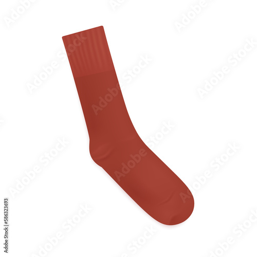 Red long textile sock 3d realistic template illustration isolated.