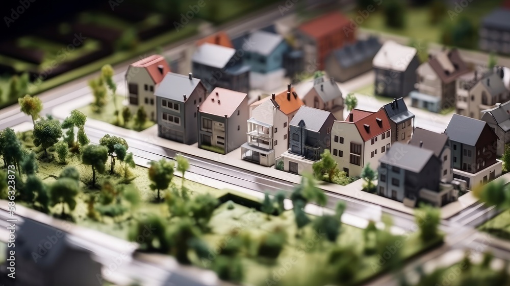 Miniature model of a modern townhouse neighborhood, captured with tilt-shift focus technique, displaying contemporary architectural style. Crafted by AI.
