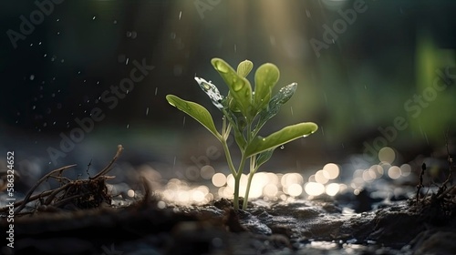 Growing plant,Young plant in the morning light on ground background,New life concept.Small plants on the ground in spring.fresh,seed,Photo fresh and Agriculture concept idea. ai generative