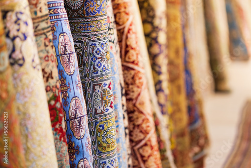 Colorful carpets in silk factory store , Samarkand , Uzbekistan. , Shallow depth f field © Photobes