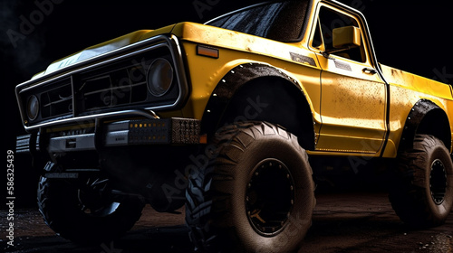 Closeup on front of generic and unbranded cars yellow 4x4 truck, generative ai illustration