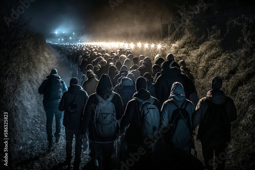 crowd of people walking along a border fence, refugees or other fictional event. Generative AI