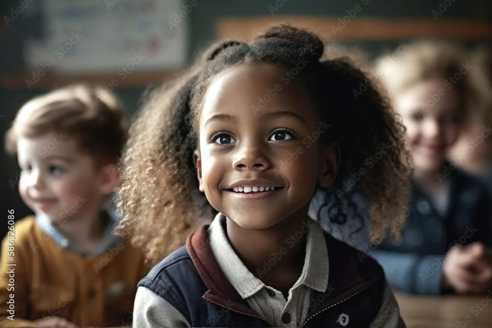 young little african american black kid at school, elementary school or kindergarten, fictional place, content and curious excited. Generative AI young little african american black kid at school, elementary school or kindergarten, fictional place, content and curious excited. Generative AI