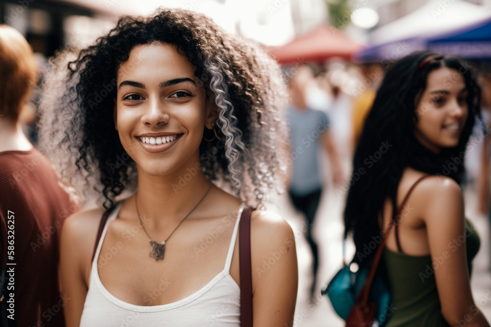 young women in summer shirts on a tourist street in a city or other fictitious place. Generative AI young women in summer shirts on a tourist street in a city or other fictitious place. Generative AI