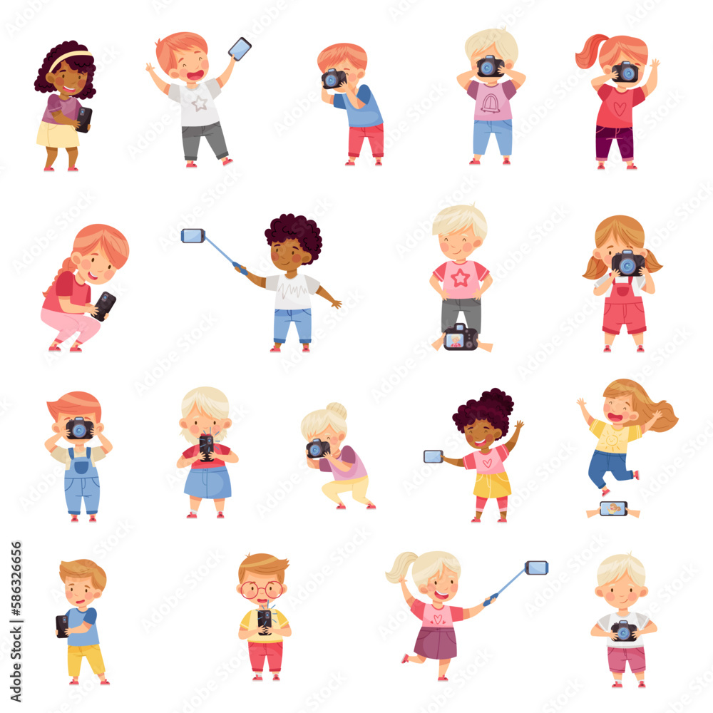 Cute Little Boy and Girl with Camera Taking Photograph and Posing Big Vector Set Cute Little Boy and Girl with Camera Taking Photograph and Posing Big Vector Set
