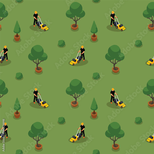 Isometric seamless pattern with a lawn care workers